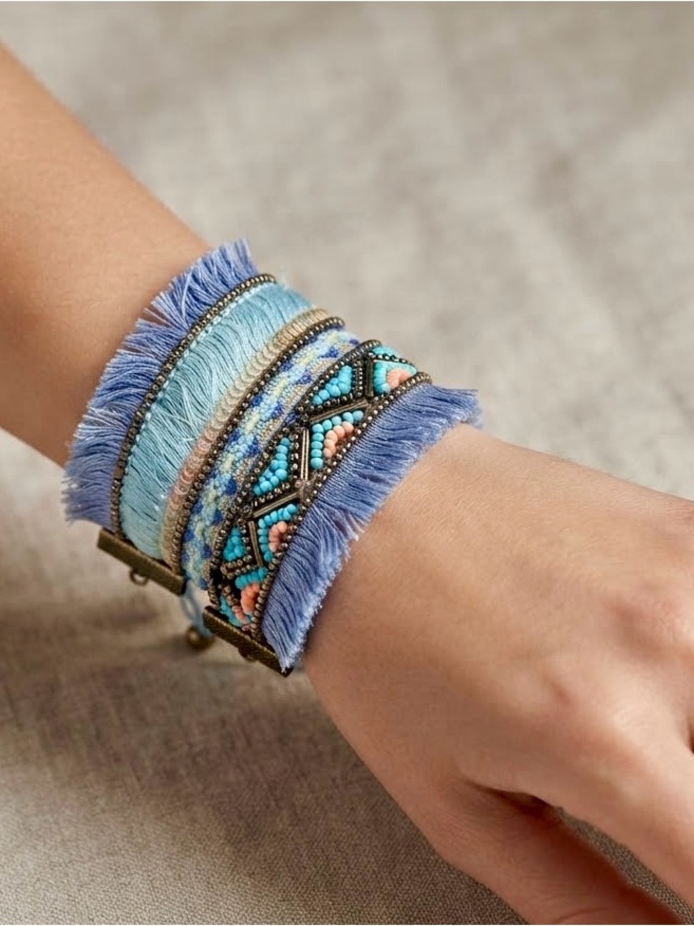 Boho Handmade Multi-Row Blue Fringe Beaded Bracelet